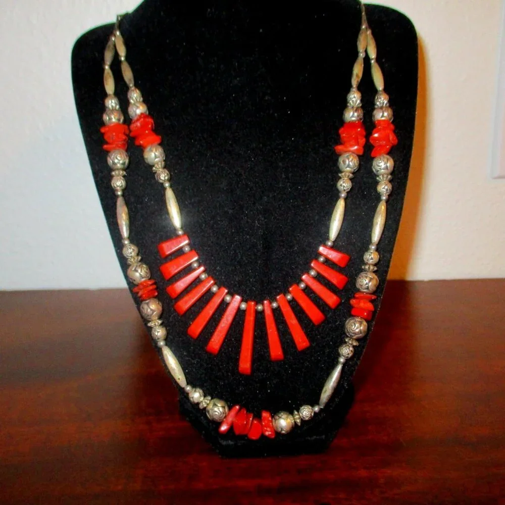 COPY - Native American Sterling Silver Beaded Coral Necklace - Picture 1 of 3